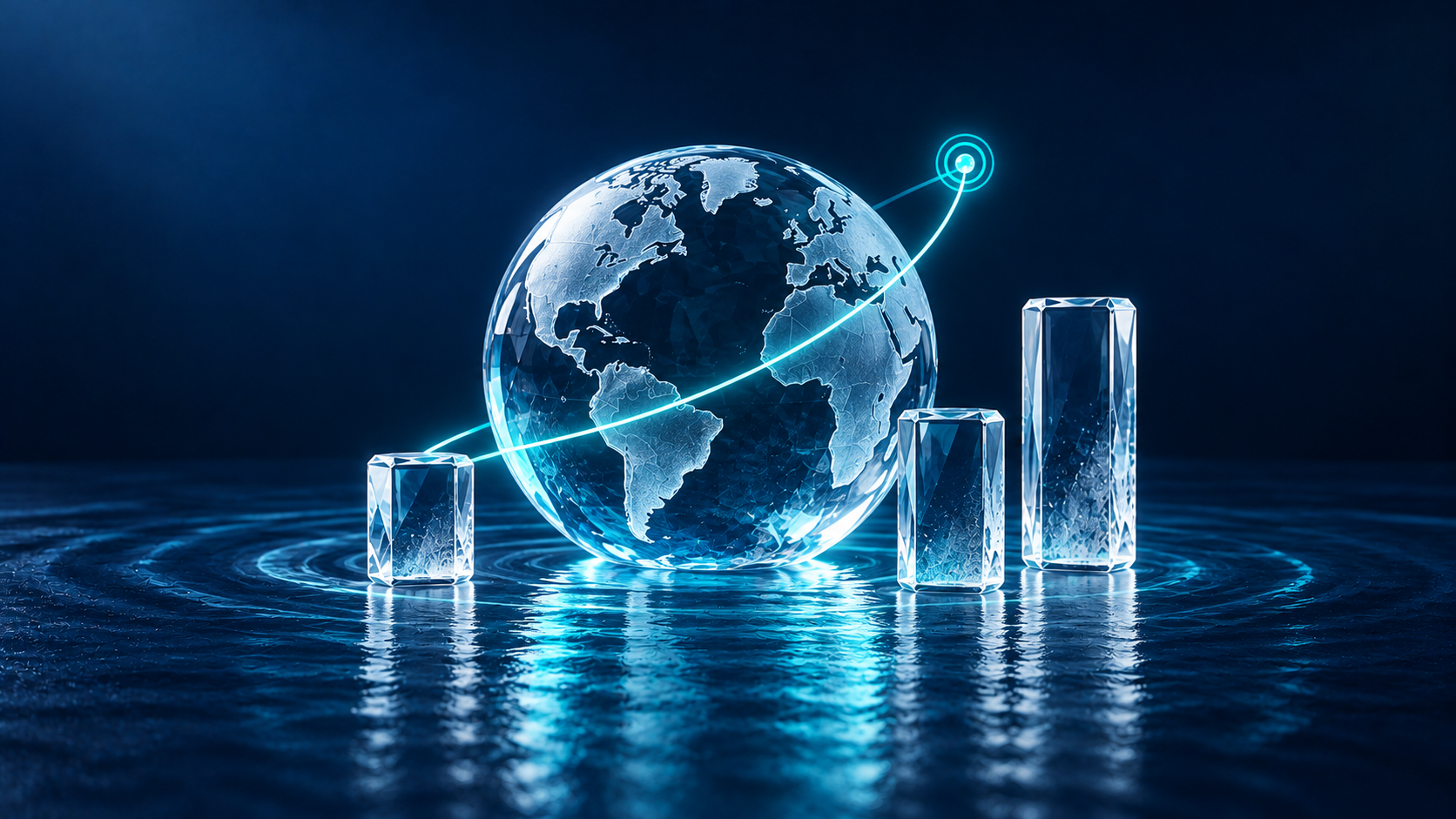 Representación conceptual de Mercado y Estrategia: estructuras y conexiones en azul y aqua