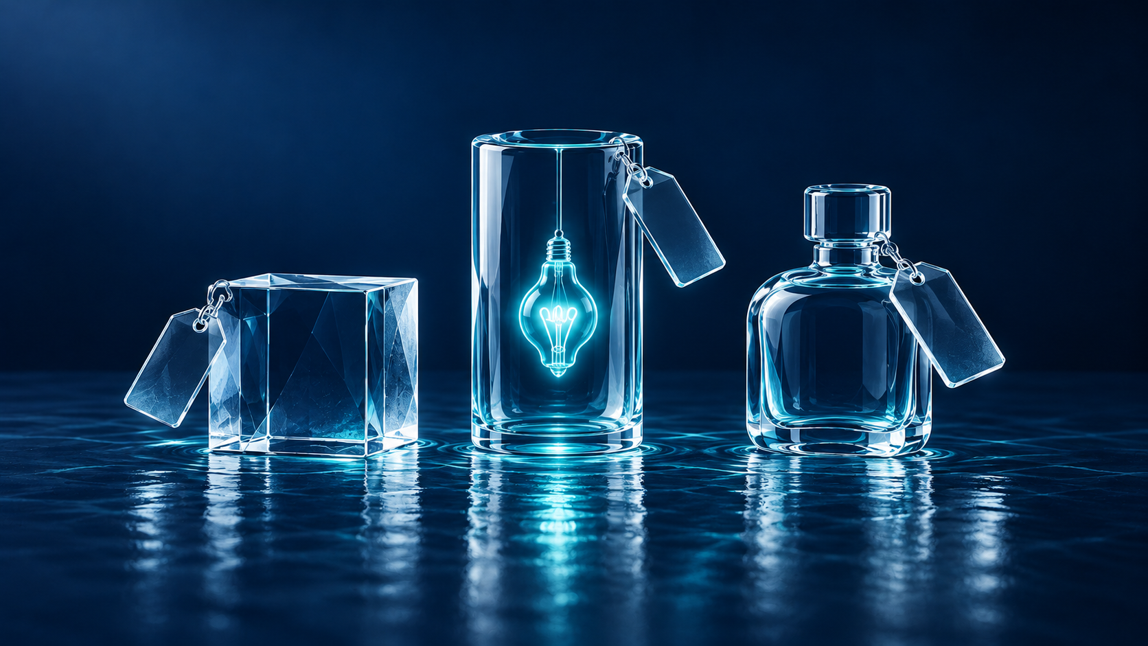 Representación conceptual de Productos, Precios e Innovación: estructuras y conexiones en azul y aqua
